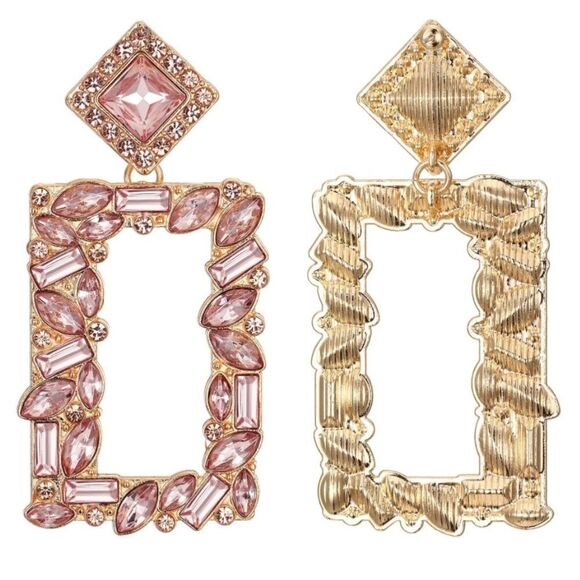 Yellow Gold with Peach Morganite Crystal Geometric Open Rectangle Post Earrings - Picture 4 of 5